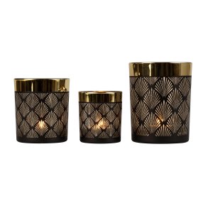 St med 3 Fyrfadsstager I Sort Glas Med Guldkant